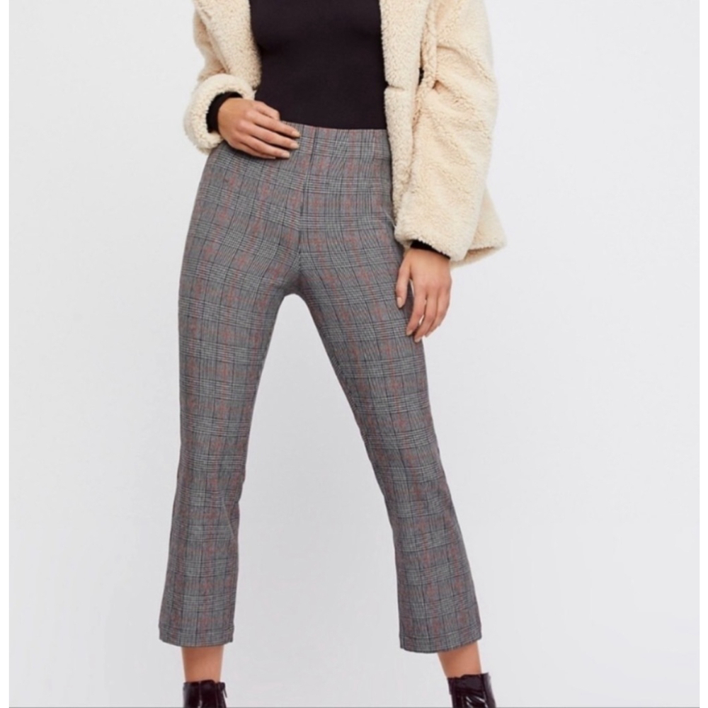 Free People Gray Plaid Kick Flare Flat Front Crop Pants Size 6